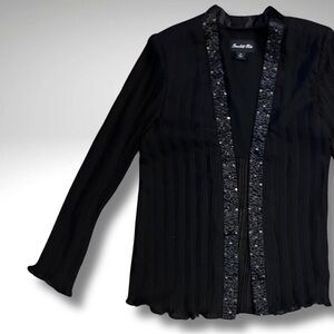 VTG Scarlett Nite Black Pleated Beaded Trim Open Front Evening Jacket Size 10